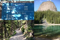 03 Lake Agnes Trail Sign and Trail Leads Through Trees To Mirror Lake Below Big Beehive.jpg